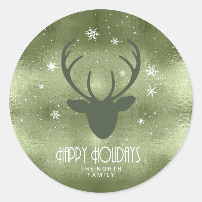 Sticker Rond Cerfs Antlers Silhouette & Snowflakes Green ID861 (Devant)
