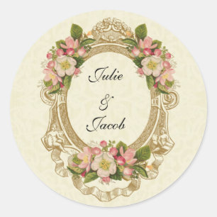 Sticker Rond Cerise Blossoms Écriture Vintage Mariage