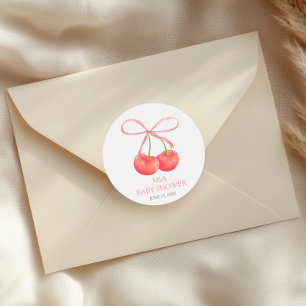 Sticker Rond Cerise et ruban rose Baby shower fille d'aquarelle