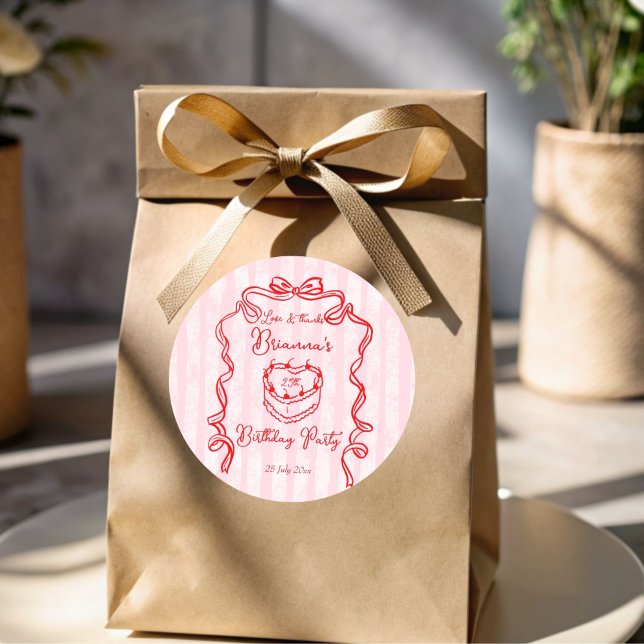 Sticker Rond Cerise gâteau rose coquette arc fête d'anniversair (Cherry cake pink handrawn sketch bow ribbon coquette birthday party thank you favor sticker)