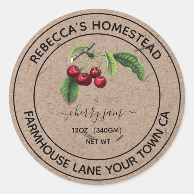 Sticker Rond Cerise Jam Kraft Papier Canning & Conservation Jar (Devant)