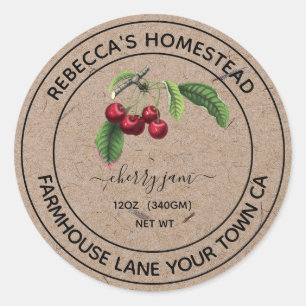 Sticker Rond Cerise Jam Kraft Papier Canning & Conservation Jar