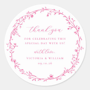 Sticker Rond Cerise Rose Botanical Wreath Wedding Favor