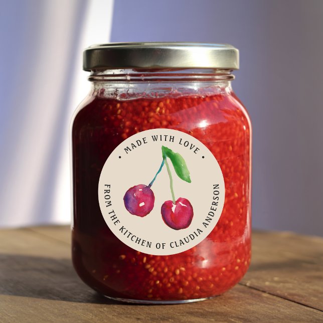 Sticker Rond Cerise Rustique Faite Avec Amour Cuisine Cadeau Au (This cherry jam label features two watercolor cherries -- my own original hand-painted artwork.)