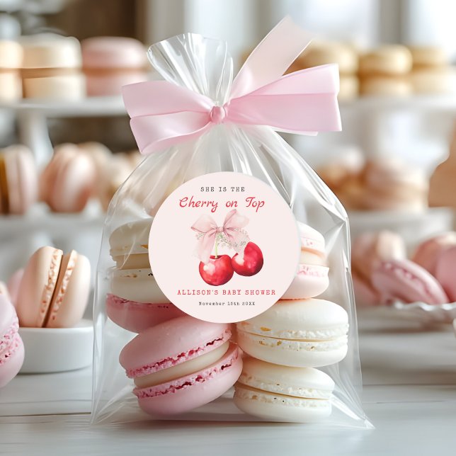 Sticker Rond Cerise sucrée sur le Baby shower supérieur fille (Cherry on Top Baby Shower Girl Favor Stickers)