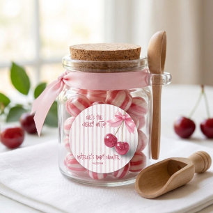Sticker Rond Cerise sur le Gâteau Rétro Arc Rose Fille Baby Sho