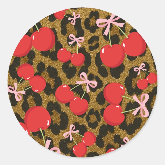 Sticker Rond Cerises Rouges avec Nœud Rose Imprimé Léopard Coqu (Devant)