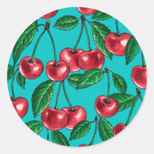 Sticker Rond Cerises rouges sur turquoise