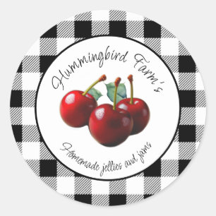 Sticker Rond Cerises Vintage gingham noir blanc