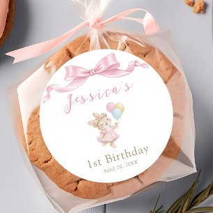 Sticker Rond Certains Lapin Fille Rose Fête son Premier Anniver