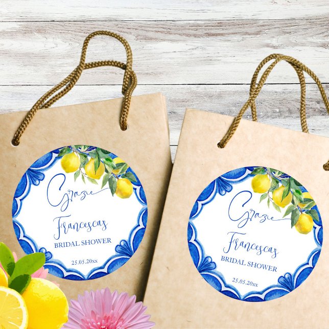 Sticker Rond C'est amore Blue tuile citron la faveur italienne (That's amore Blue tile lemon vintage Italian bridal shower thank you favor printed Sticker template)