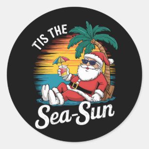 Sticker Rond C'Est Le Sea Sun Père Noël Beach Noël En Juy