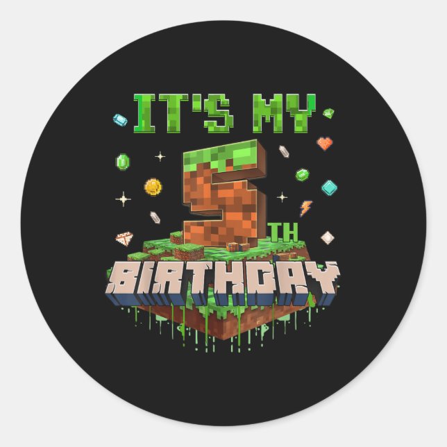 Sticker Rond C'Est Mon 5E Anniversaire Enfants Jeu Pixel Numéro (Devant)