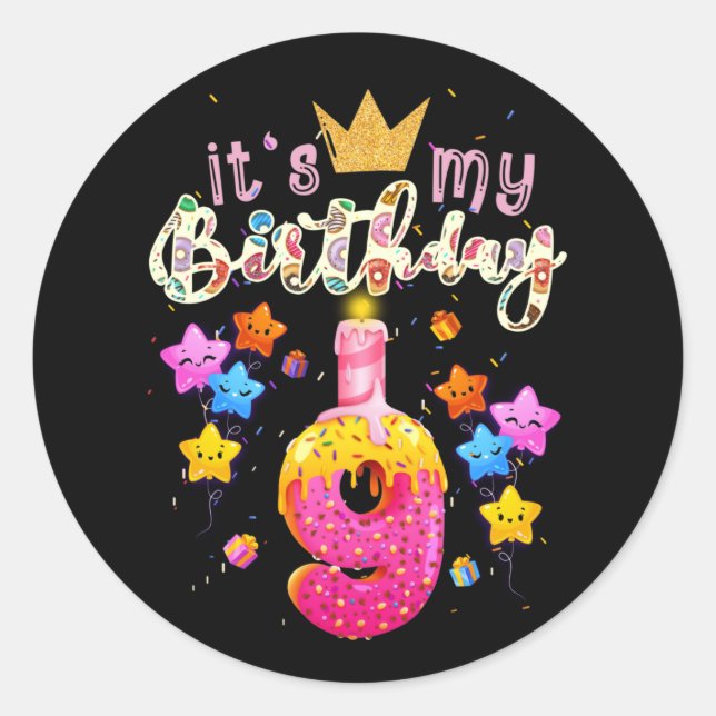 Sticker Rond C'est mon 9e anniversaire Doughnut Joyeux 9 ans (Devant)