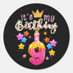 Sticker Rond C'est mon 9e anniversaire Doughnut Joyeux 9 ans