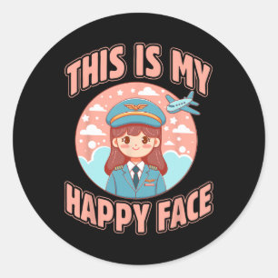 Sticker Rond C'Est Mon Joyeux Visage Drôle Femme Pilote Avion