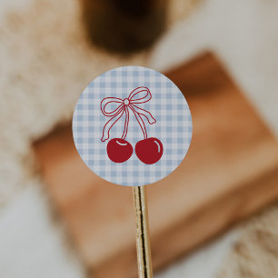 Sticker Rond C'est notre cerise sur le dessus bleu Gingham Anni