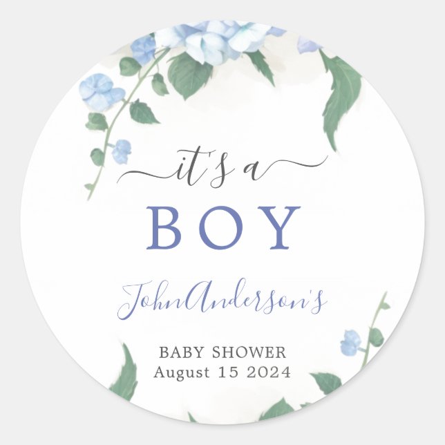 Sticker Rond C'est un Baby shower botanique d'Hydrangée Bleue G (Devant)