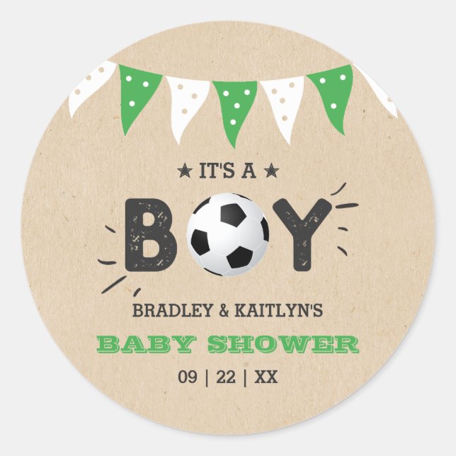 Sticker Rond C'est un garçon ! Baby shower Co-ed À Thème Footba (Devant)