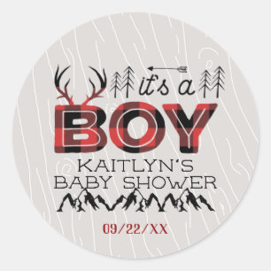 Sticker Rond C'est un garçon ! Baby shower de bûcheron rustique