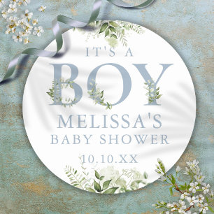 Sticker Rond C'est un garçon Baby Shower Dusty Blue et verdure