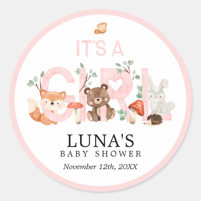 Sticker Rond C'est une fille Baby Shower Classique Bois Rose Ro (Devant)