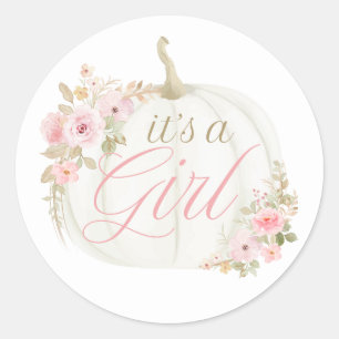 Sticker Rond C'est une fille citrouille baby shower rose rond a