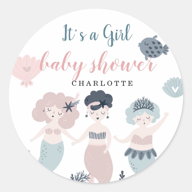 Sticker Rond C'est une fille, petite sirène, Baby shower classi (Devant)