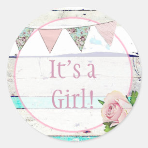 Sticker Rond c'est une fille, un nouveau bébé, faire-part de na