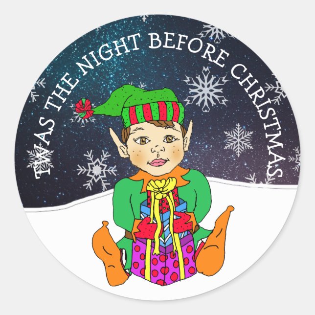 Sticker Rond C'était la nuit avant l'elfe de Noël (Devant)