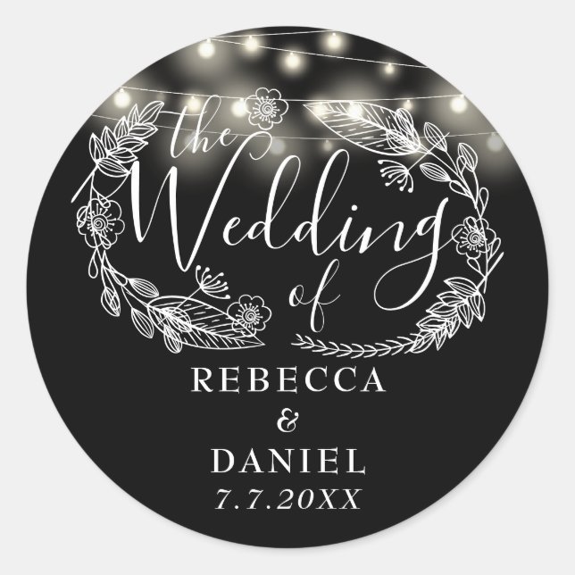 Sticker Rond Chaîne Éclairant Floral Noir Et Blanc Mariage (Devant)