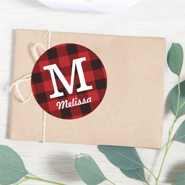 Sticker Rond Chalet primitif Bison rouge Boeuf plat (Primitive Cottage Red buffalo Plaid lumberjack Classic Round Sticker)