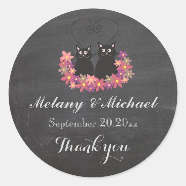 Sticker Rond Chalkboard drôle chat amour couple merci (Devant)