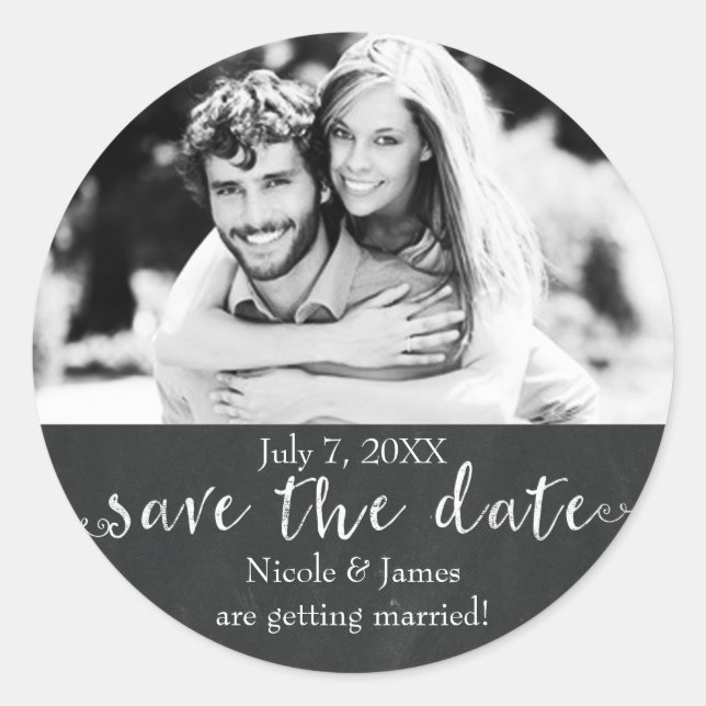 Sticker Rond Chalkboard ENREGISTRER LA DATE Chalk Mariage Photo (Devant)
