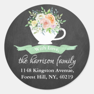 Sticker Rond Chalkboard Floral Tea Adresse de retour