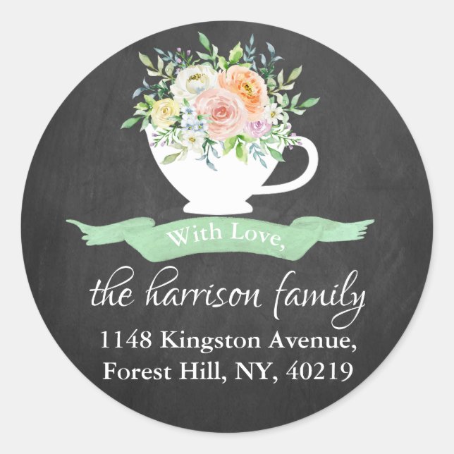 Sticker Rond Chalkboard Floral Tea Adresse de retour (Devant)
