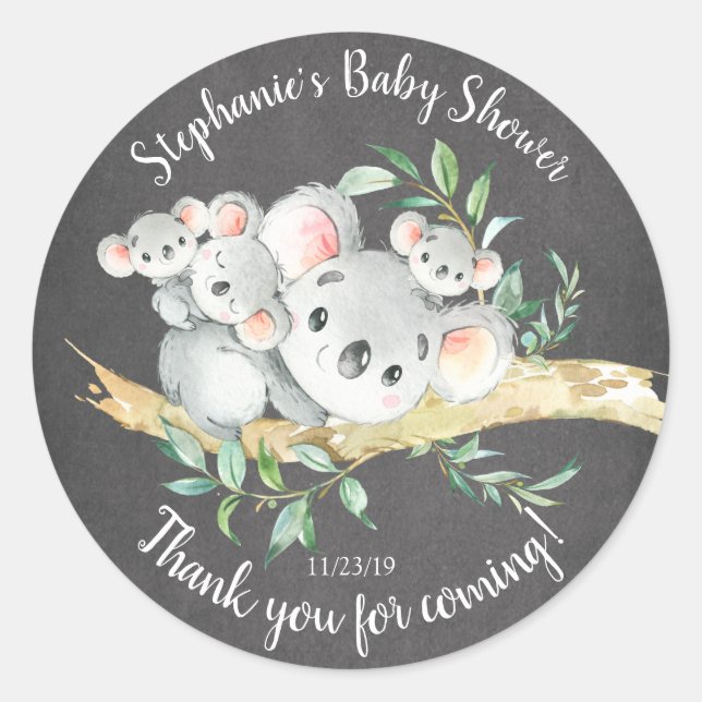 Sticker Rond Chalkboard Koala Oear Triplets Baby shower Favoris (Devant)