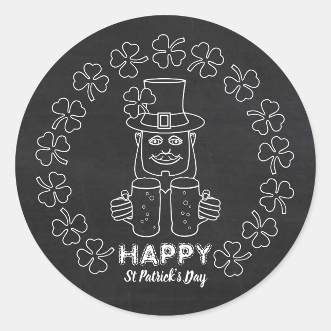 Sticker Rond Chalkboard Leprechaun, Saint Patrick's Day (Devant)