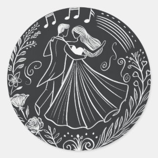 Sticker Rond Chalkboard Line Art Dancing Bride Mariage Groom