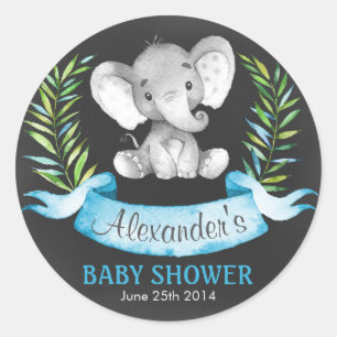 Sticker Rond Chalkboard Watercolor Elephant Boy Baby shower