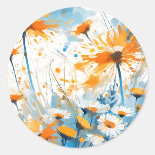 Sticker Rond Champ de Fleur sauvage Breezy en Orange