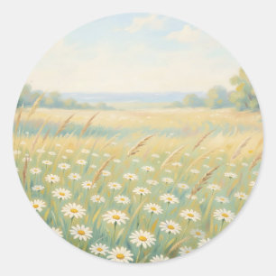 Sticker Rond Champ de fleurs sauvages Marguerite blanche ensole