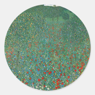 Sticker Rond Champ de pavots par Gustav Klimt, Art Nouveau vint