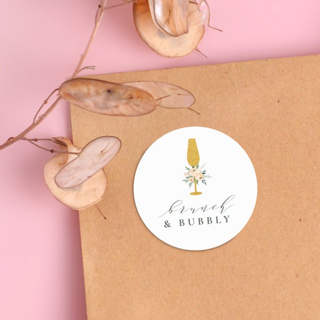 Sticker Rond Champagne Doré Floral Réception de Mariage & Bubbl (Round Sticker Mock-up)