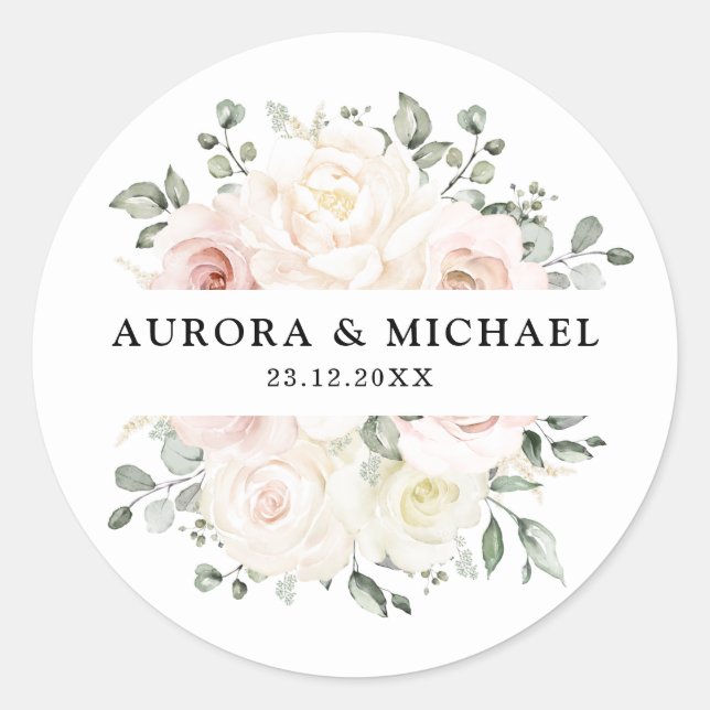 Sticker Rond Champagne Ivory Blush rose Floral Mariage (Devant)