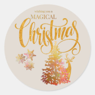 Sticker Rond Champagne Magique de Noël Gold Tree & Reindeer