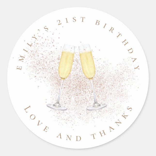 Sticker Rond Champagne Rose Parties scintillant d'or 21e annive (Devant)