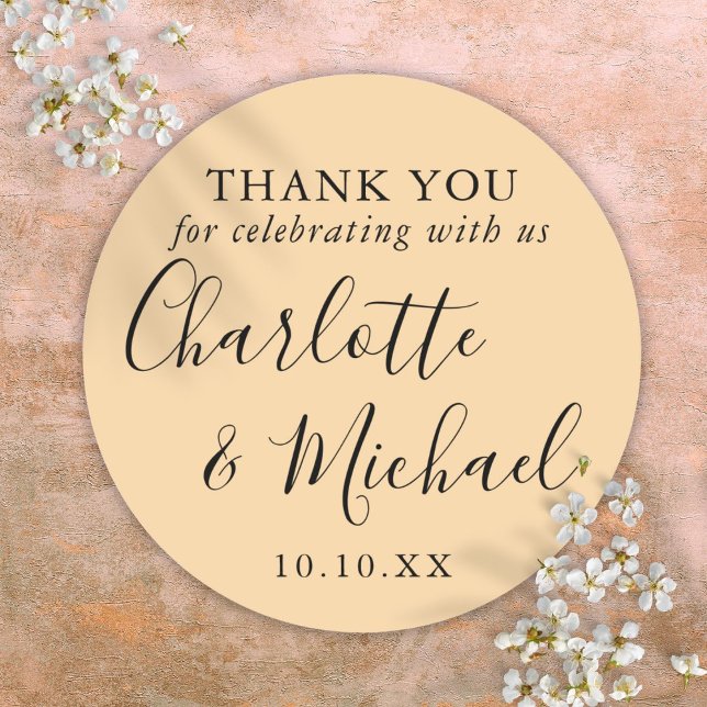 Sticker Rond Champagne Signature Mariage Faveur Merci (Champagne Signature Wedding Favor Thank You Classic Round Sticker)