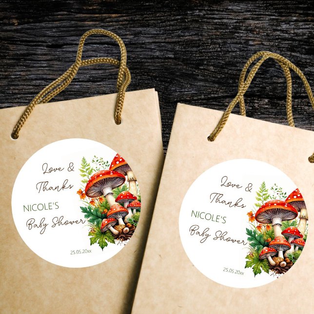 Sticker Rond Champignons de la forêt sauvage baby shower merci  (Wild forest red mushrooms green fern baby shower printed thank you favor stickers )