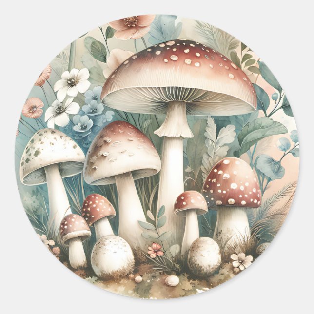 Sticker Rond Champignons et fleurs fantaisistes aquarelle vinta (Devant)